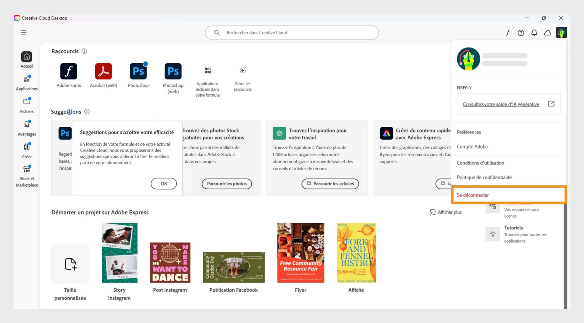Le bouton de menu Compte disponible dans le coin supérieur droit propose une option pour vous déconnecter de votre application de bureau Creative Cloud.