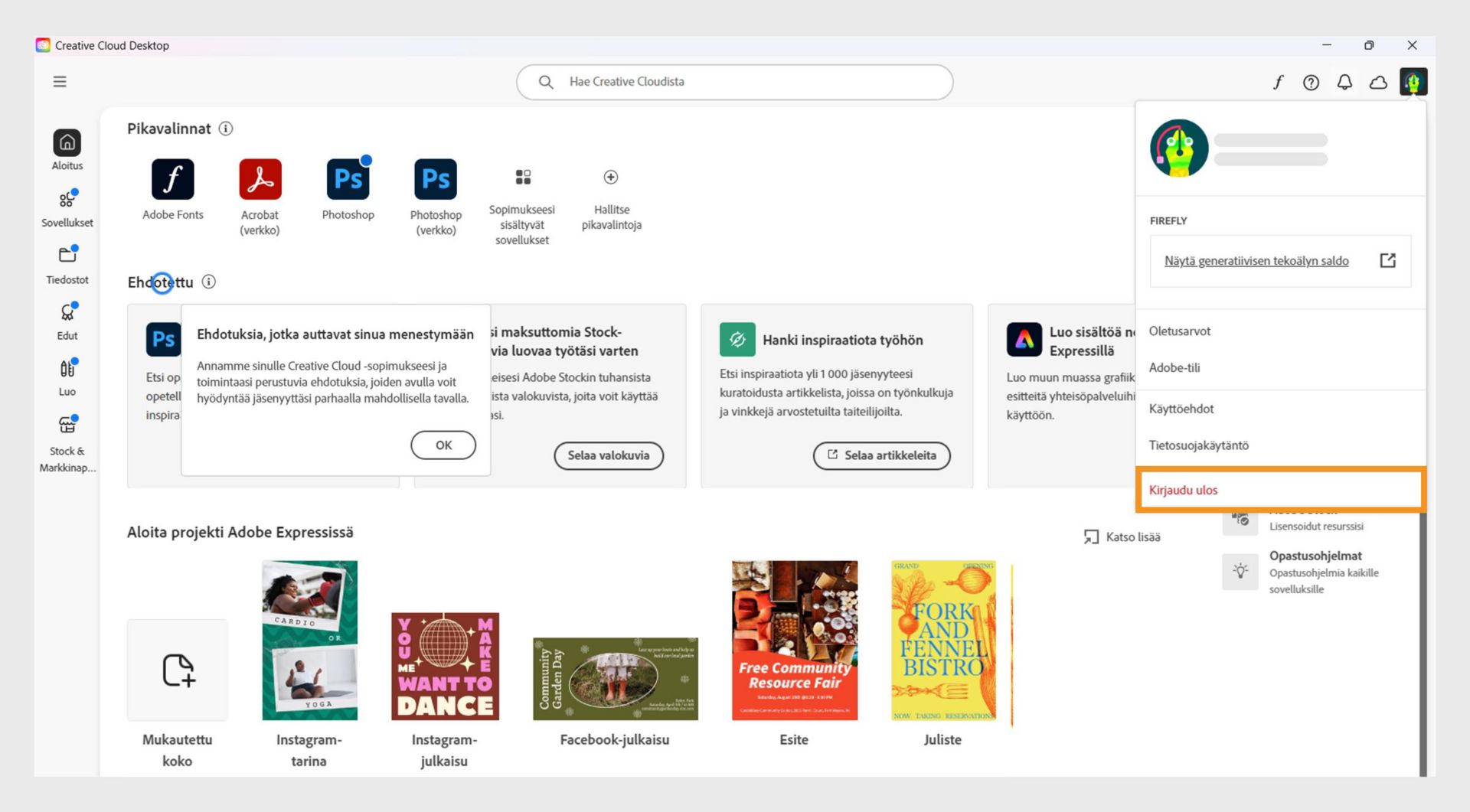 Oikeassa yläkulmassa oleva Tili-valikkopainike tarjoaa mahdollisuuden kirjautua ulos Creative Cloud -tietokonesovelluksesta.