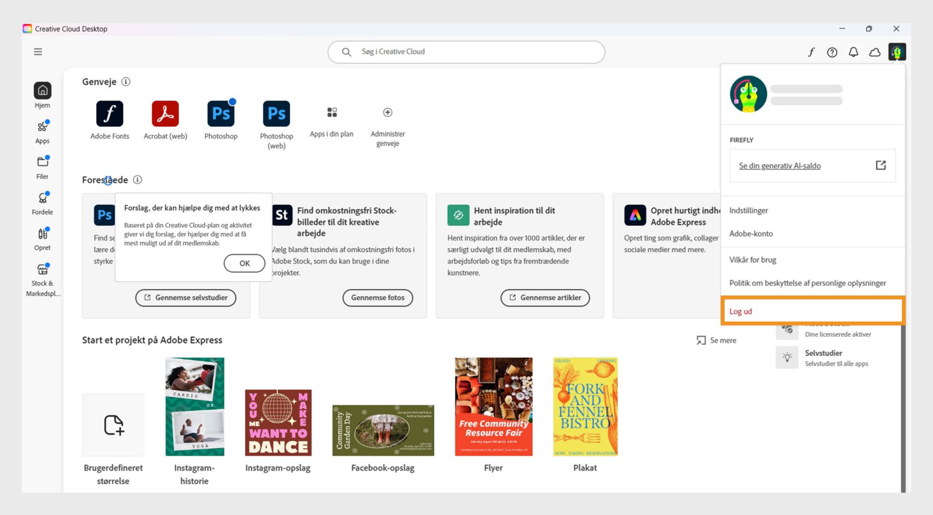 Kontomenuknappen i øverste højre hjørne gør det muligt at logge ud af Creative Cloud-computerappen.