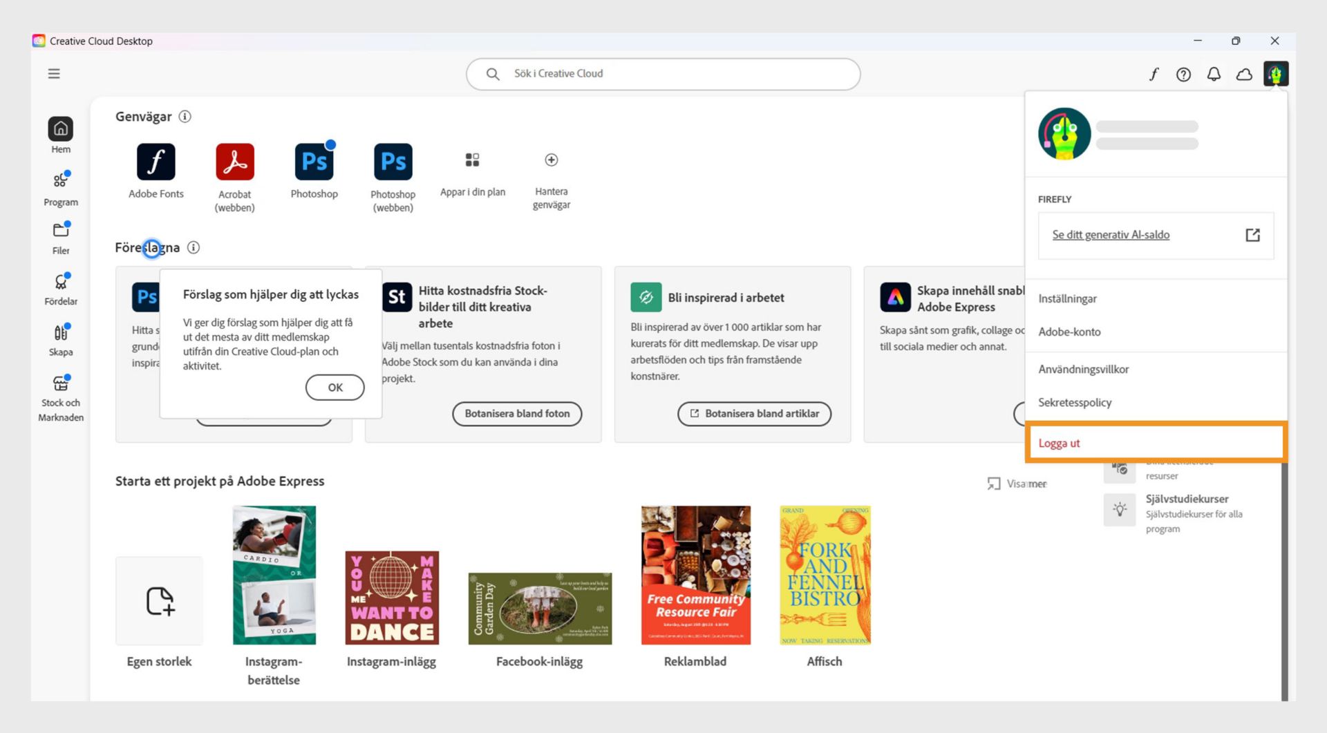 Knappen för kontomenyn som finns i det övre högra hörnet ger dig möjlighet att logga ut från ditt Creative Cloud-program.