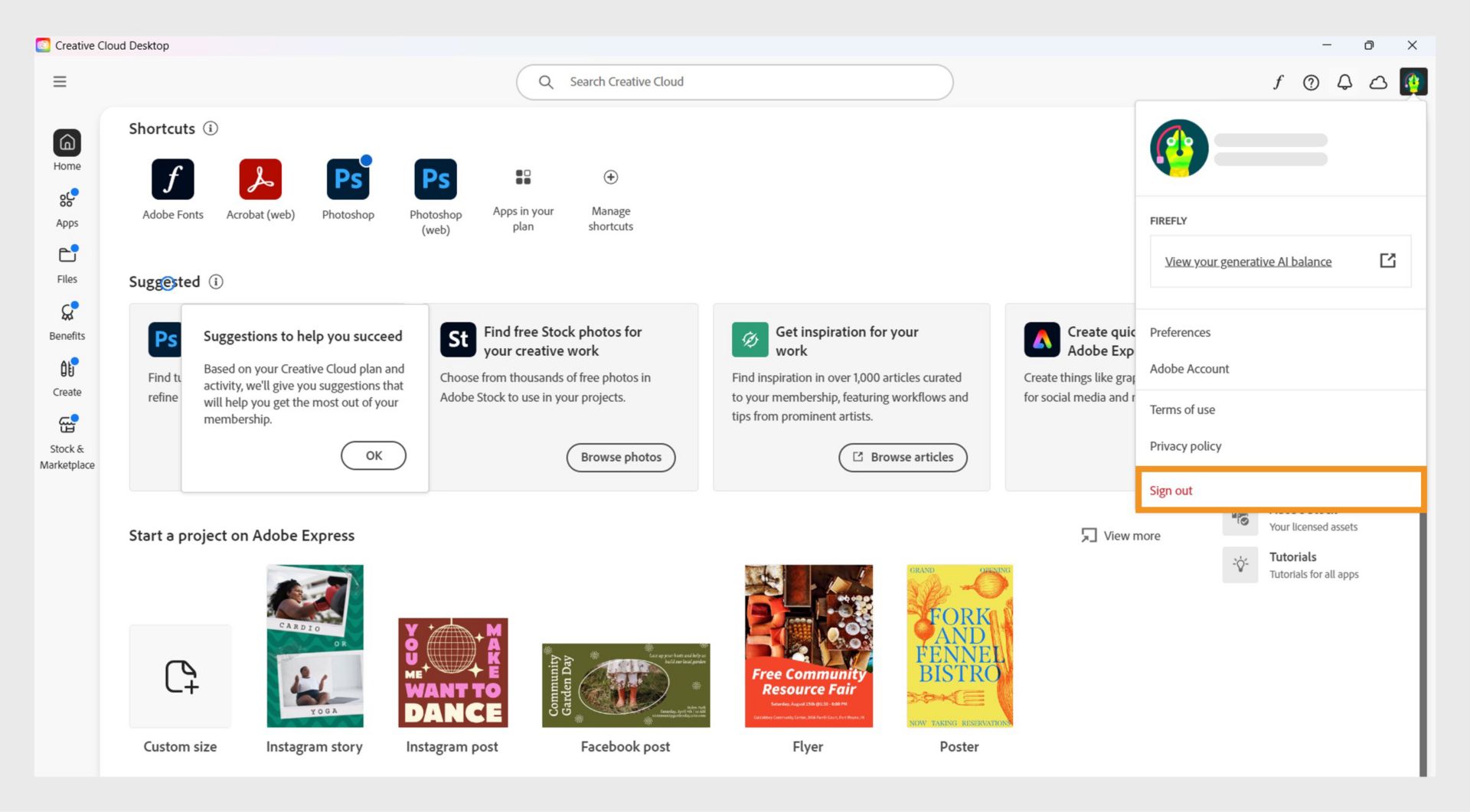 Gumb menija Račun v zgornjem desnem kotu omogoča odjavo iz programa Creative Cloud.