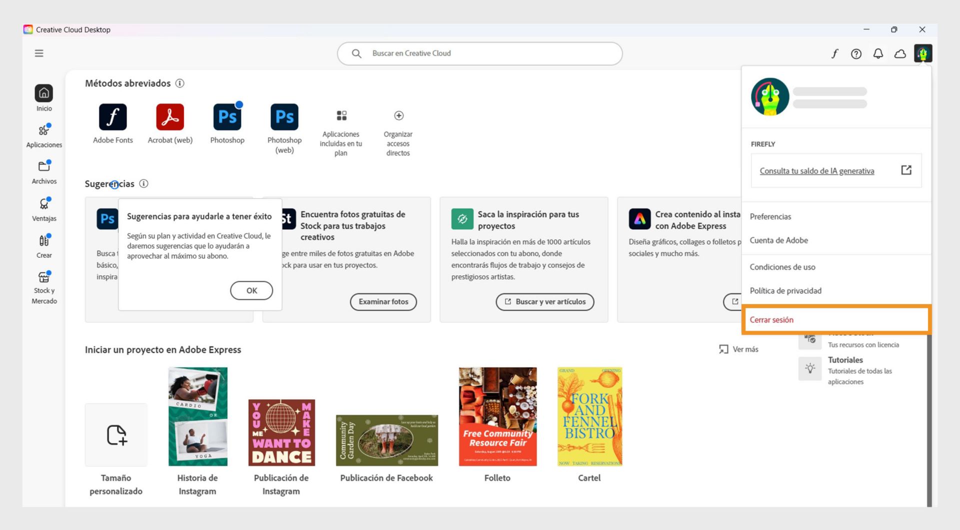 El botón del menú Cuenta disponible en la esquina superior derecha proporciona la opción de cerrar sesión en la aplicación de Creative Cloud.