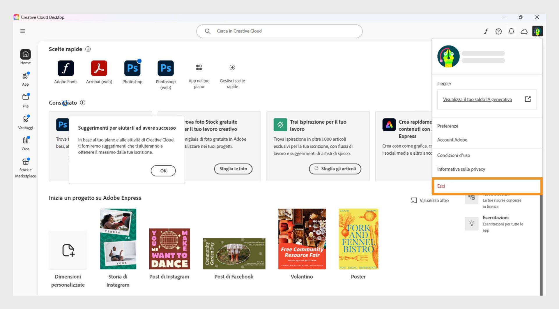 Il pulsante del menu account disponibile nell'angolo in alto a destra offre l'opzione per uscire dall'app Creative Cloud.