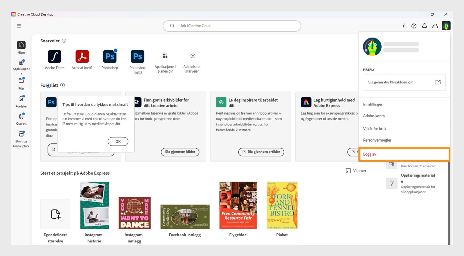 Kontoknappen som er tilgjengelig øverst til høyre gir deg muligheten til å logge av Creative Cloud-appen.