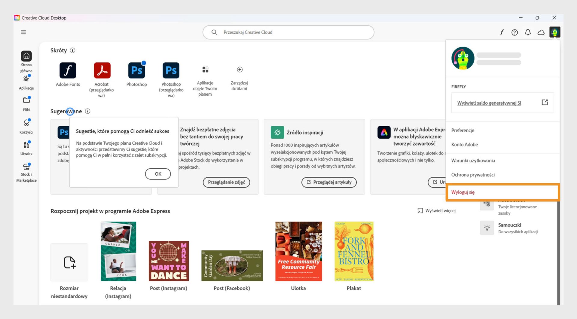 Przycisk menu Konto dostępny w prawym górnym rogu umożliwia wylogowanie się z aplikacji Creative Cloud Desktop.