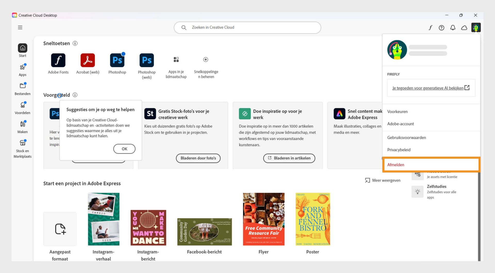 De account-menuknop in de rechterbovenhoek biedt de mogelijkheid om je af te melden bij je Creative Cloud desktop-applicatie.