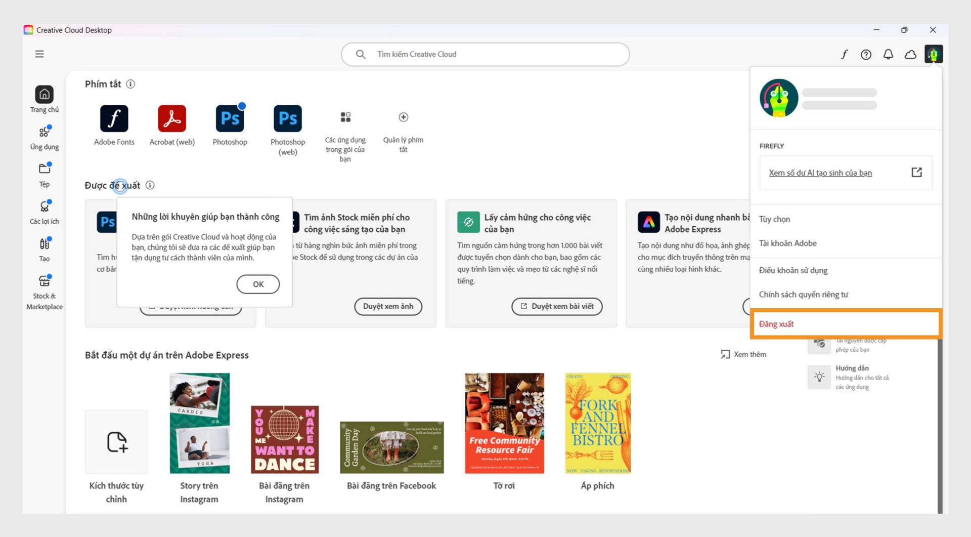 Nút menu Tài khoản ở góc trên cùng bên phải cung cấp tùy chọn đăng xuất khỏi ứng dụng Creative Cloud cho máy tính để bàn.