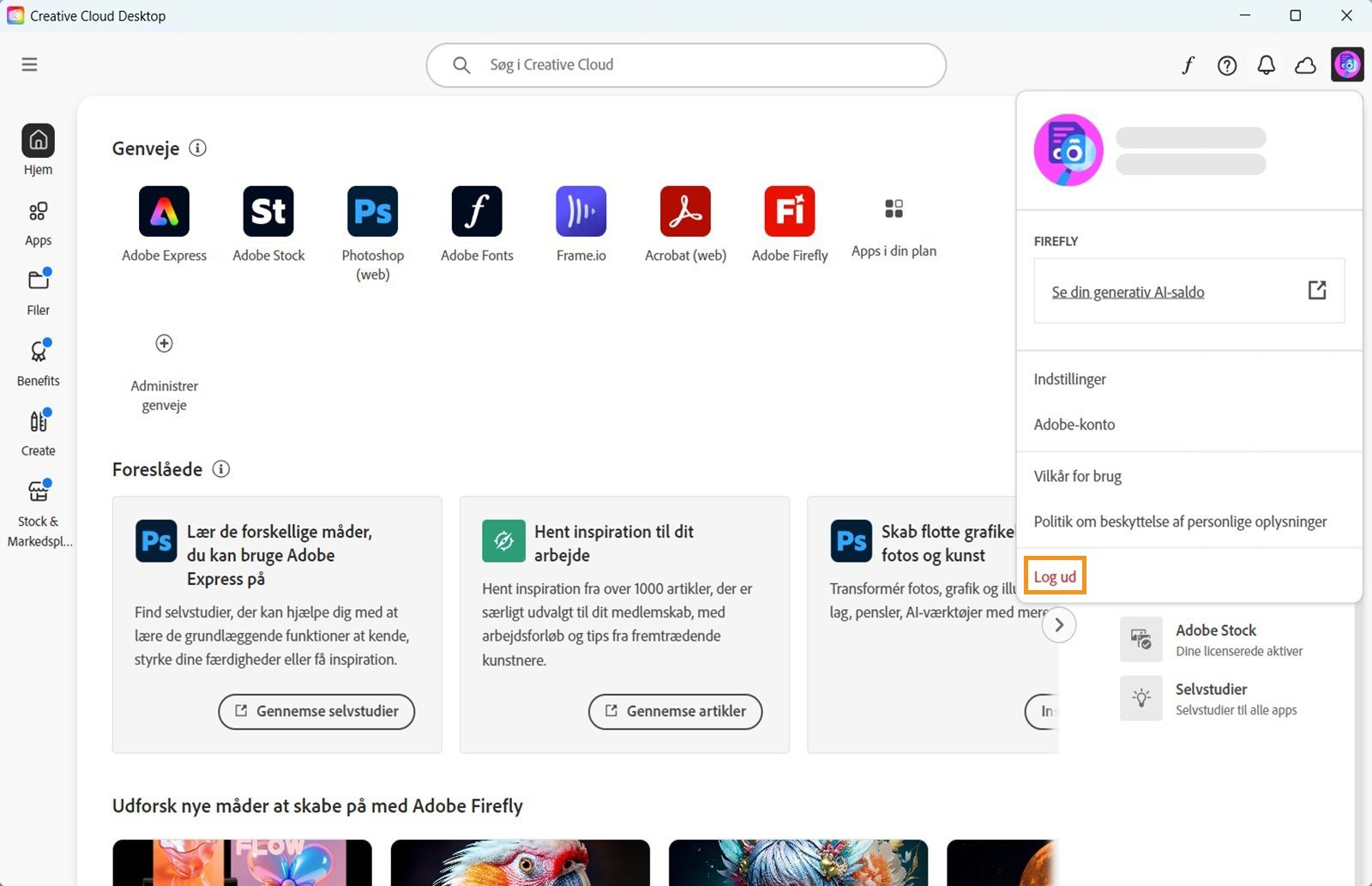 Kontomenuknappen i øverste højre hjørne gør det muligt at logge ud af Creative Cloud-computerappen.
