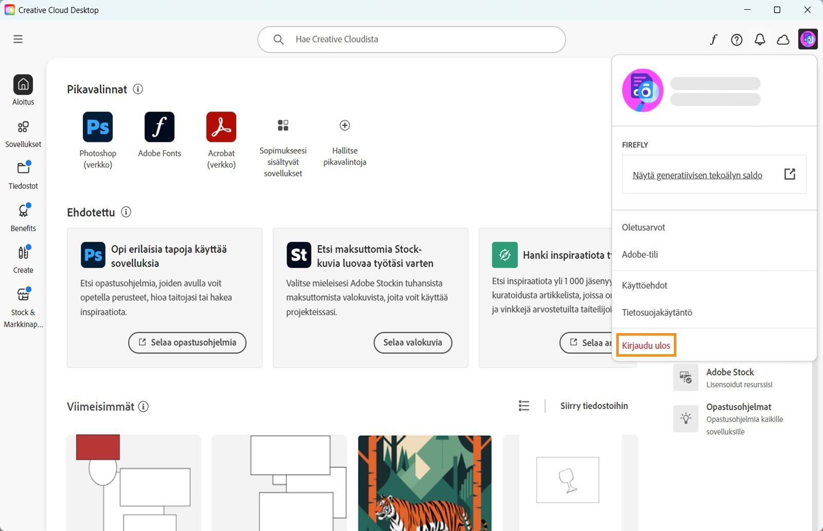 Oikeassa yläkulmassa oleva Tili-valikkopainike tarjoaa mahdollisuuden kirjautua ulos Creative Cloud -tietokonesovelluksesta.