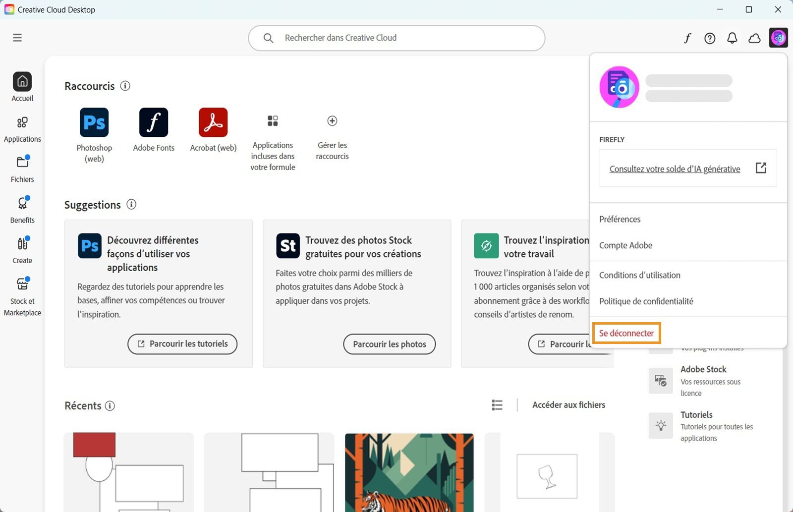 Le bouton de menu Compte disponible dans le coin supérieur droit propose une option pour vous déconnecter de votre application de bureau Creative Cloud.