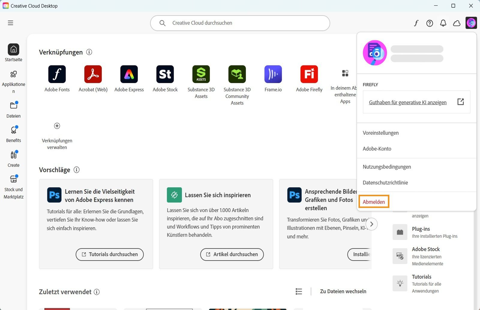 Über die Menüschaltfläche „Konto“ in der rechten oberen Ecke kannst du dich bei deinem Creative Cloud-Client abmelden.