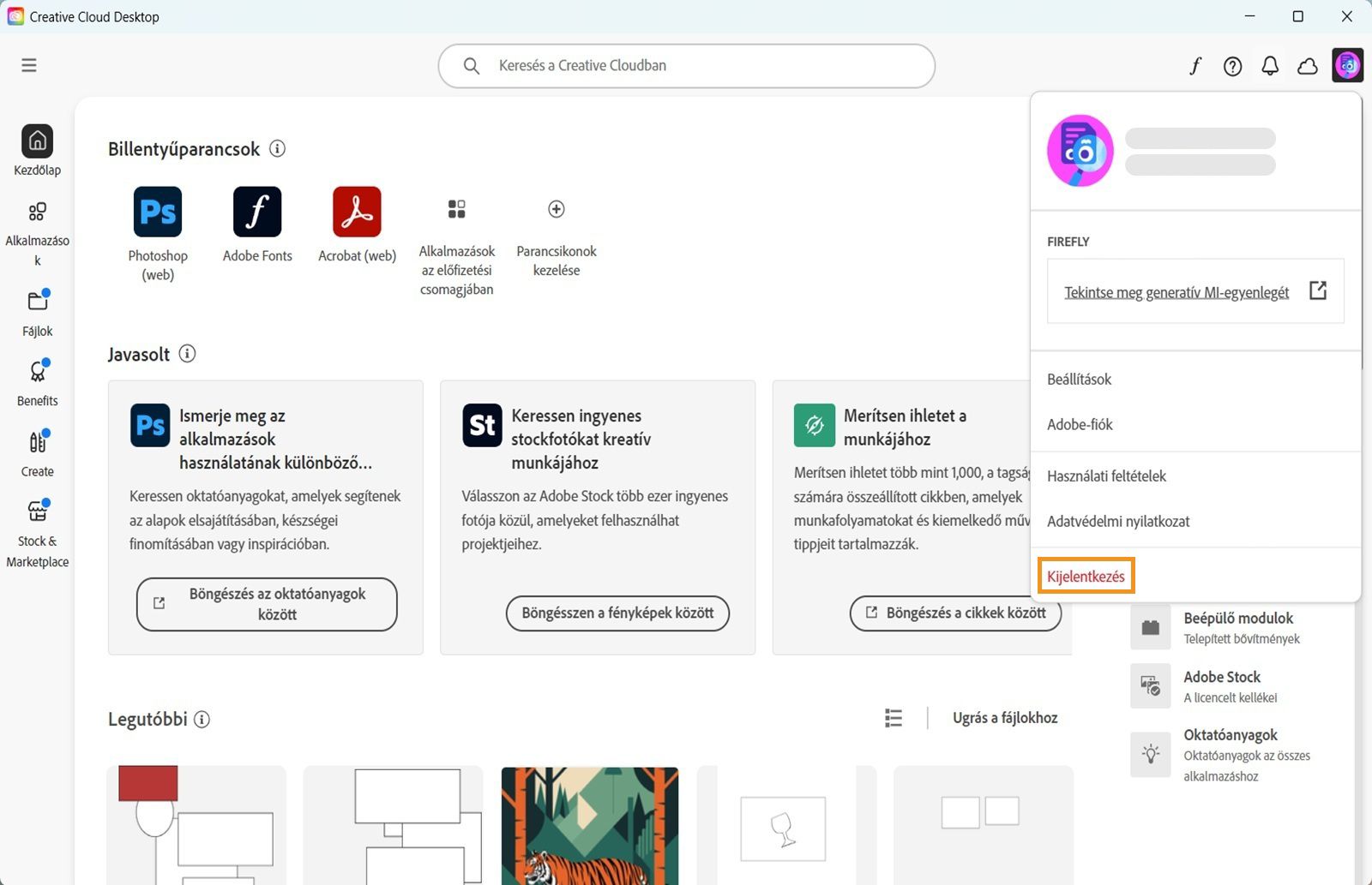A jobb felső sarokban található Fiók menü gomb lehetővé teszi a Creative Cloud asztali alkalmazásból való kijelentkezést.
