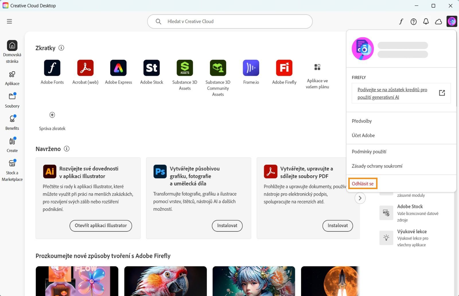 Tlačítko nabídky účtu dostupné v pravém horním rohu poskytuje možnost Odhlášení z vaší aplikace Creative Cloud.