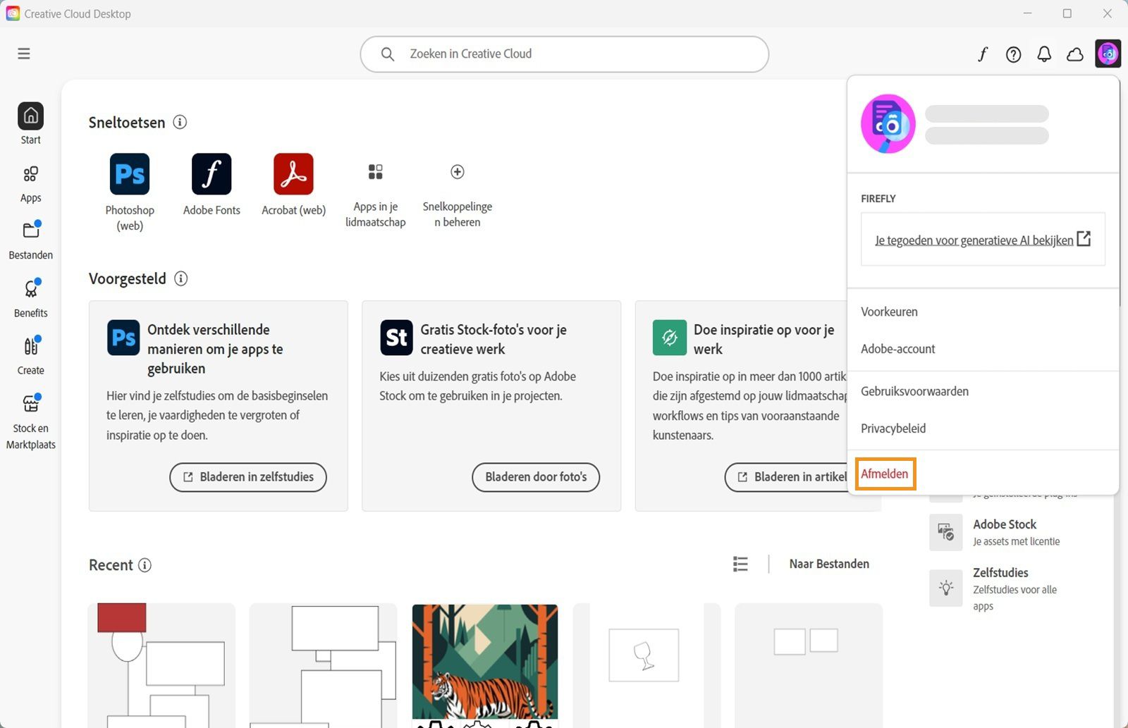 De account-menuknop in de rechterbovenhoek biedt de mogelijkheid om je af te melden bij je Creative Cloud desktop-applicatie.