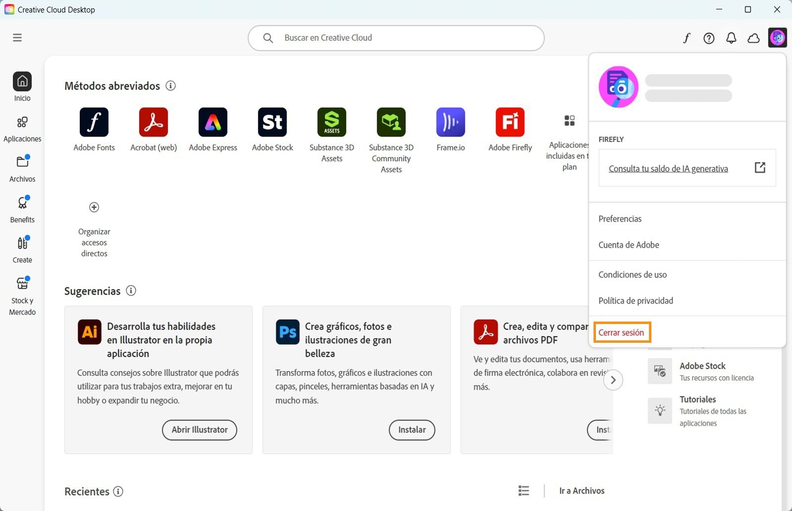 El botón del menú Cuenta disponible en la esquina superior derecha proporciona la opción de cerrar sesión en la aplicación de Creative Cloud.