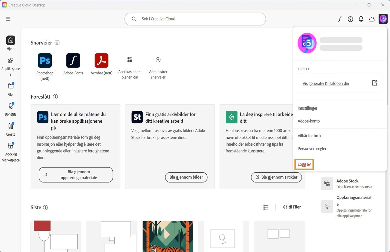 Kontoknappen som er tilgjengelig øverst til høyre gir deg muligheten til å logge av Creative Cloud-appen.