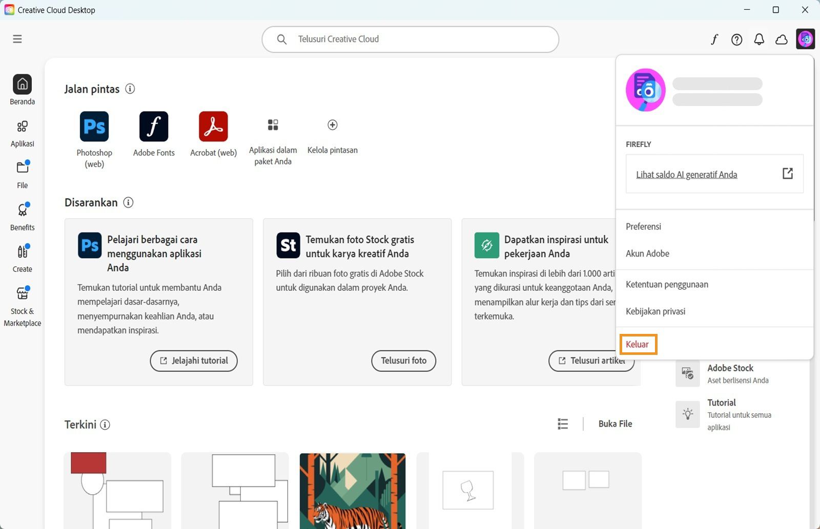 Tombol menu Akun yang tersedia di sudut kanan atas menyediakan opsi untuk logout dari aplikasi desktop Creative Cloud Anda.
