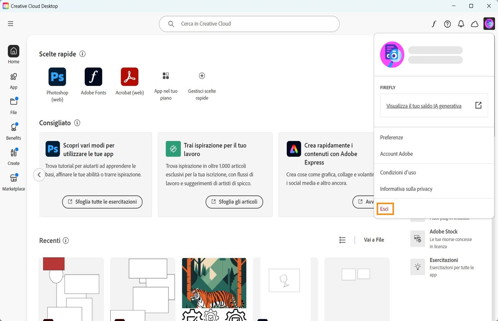 Il pulsante del menu account disponibile nell'angolo in alto a destra offre l'opzione per uscire dall'app Creative Cloud.