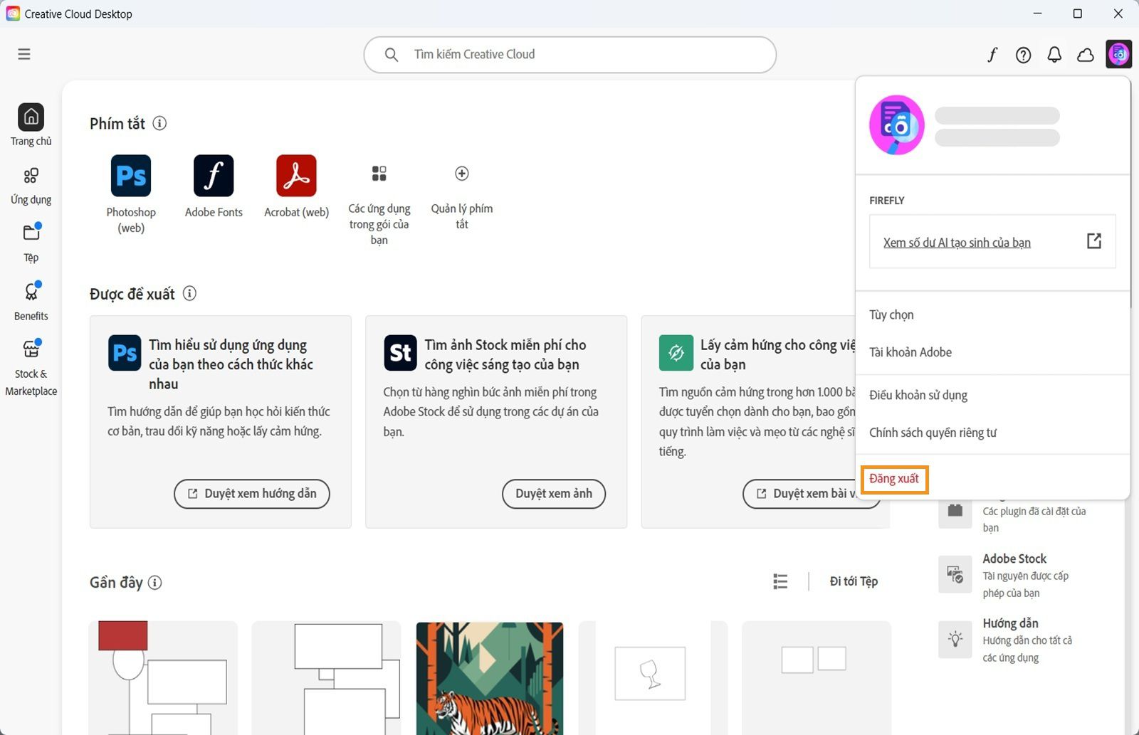 Nút menu Tài khoản ở góc trên cùng bên phải cung cấp tùy chọn đăng xuất khỏi ứng dụng Creative Cloud cho máy tính để bàn.