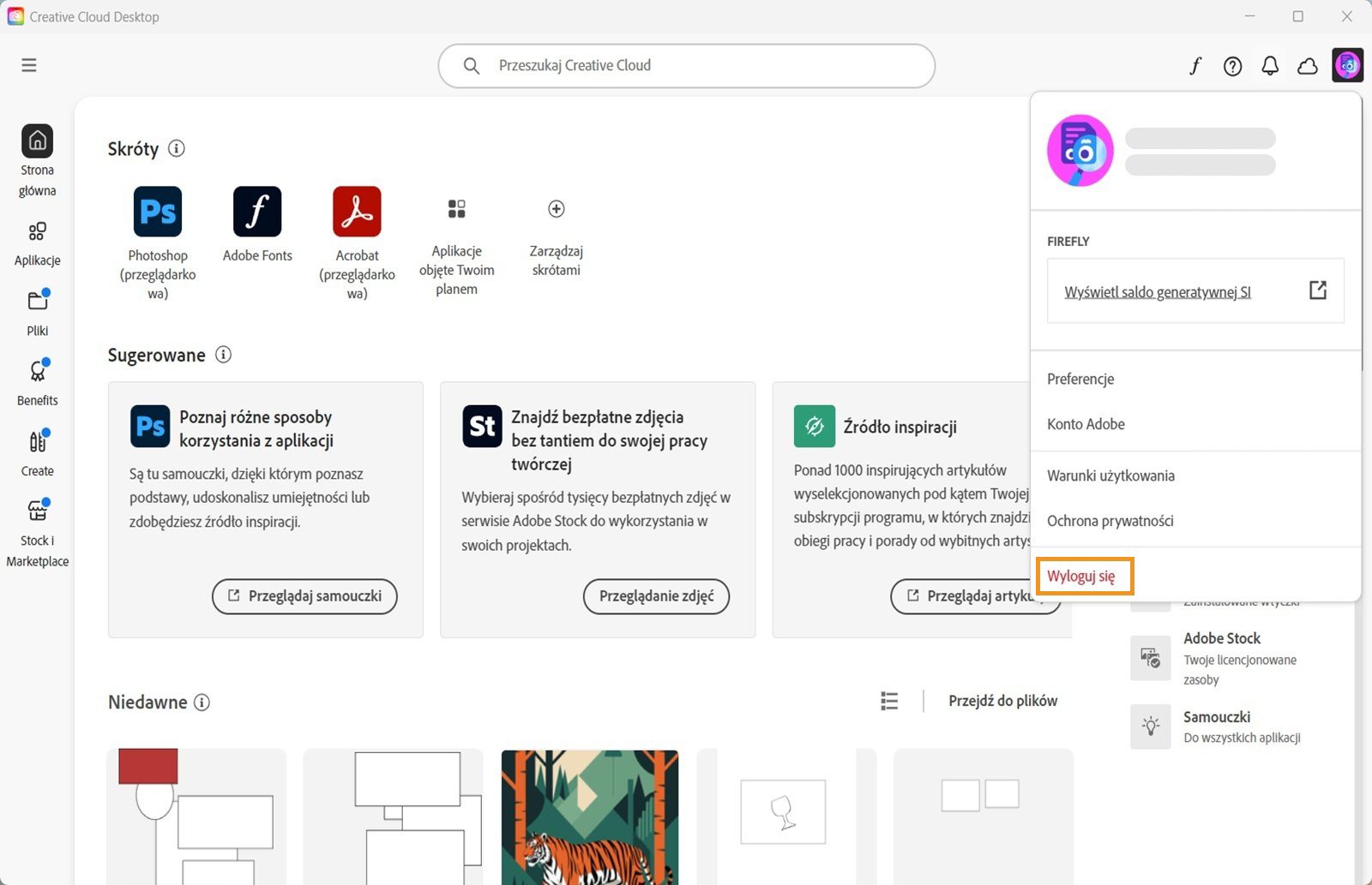 Przycisk menu Konto dostępny w prawym górnym rogu umożliwia wylogowanie się z aplikacji Creative Cloud Desktop.