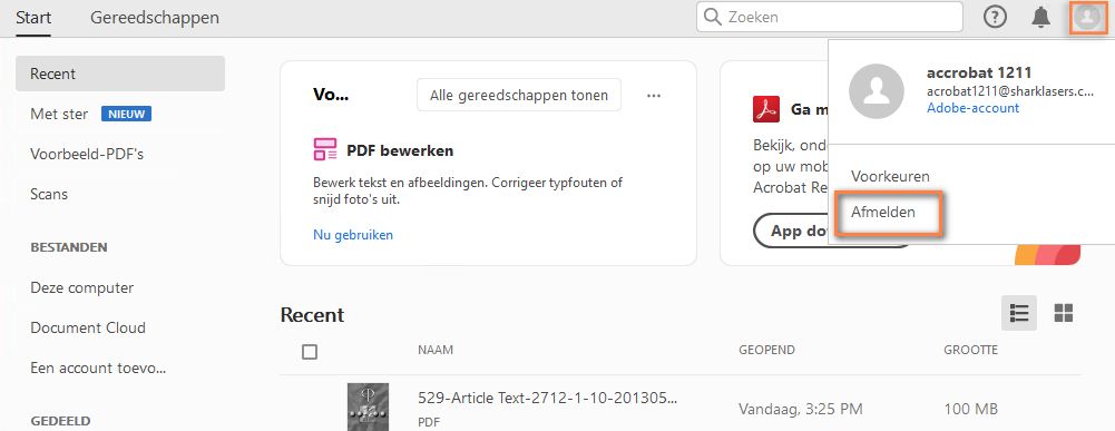 Afmelden bij Acrobat
