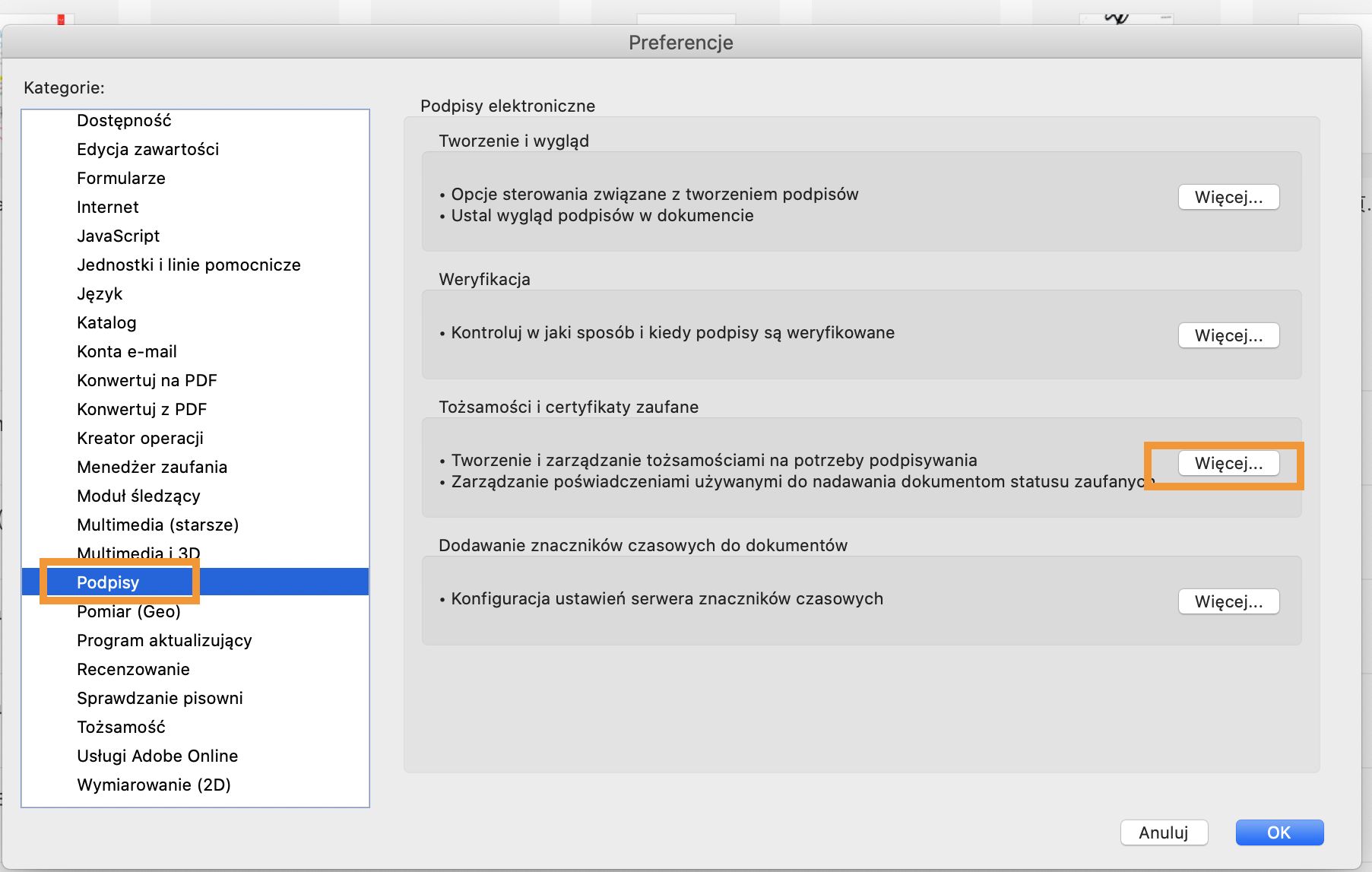 Kliknij opcję Więcej w sekcji Tożsamości i zaufane lokalizacje
