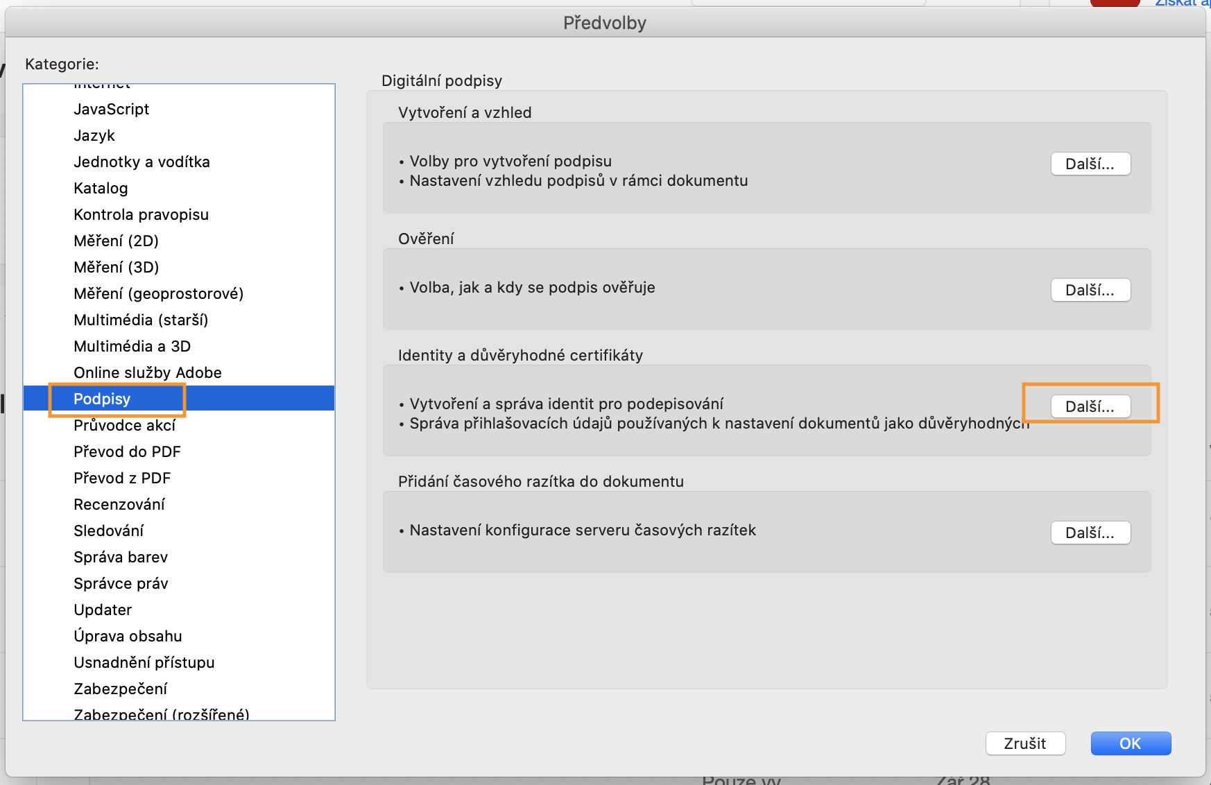 Klikněte na možnost Více v části Identity a důvěryhodná umístění