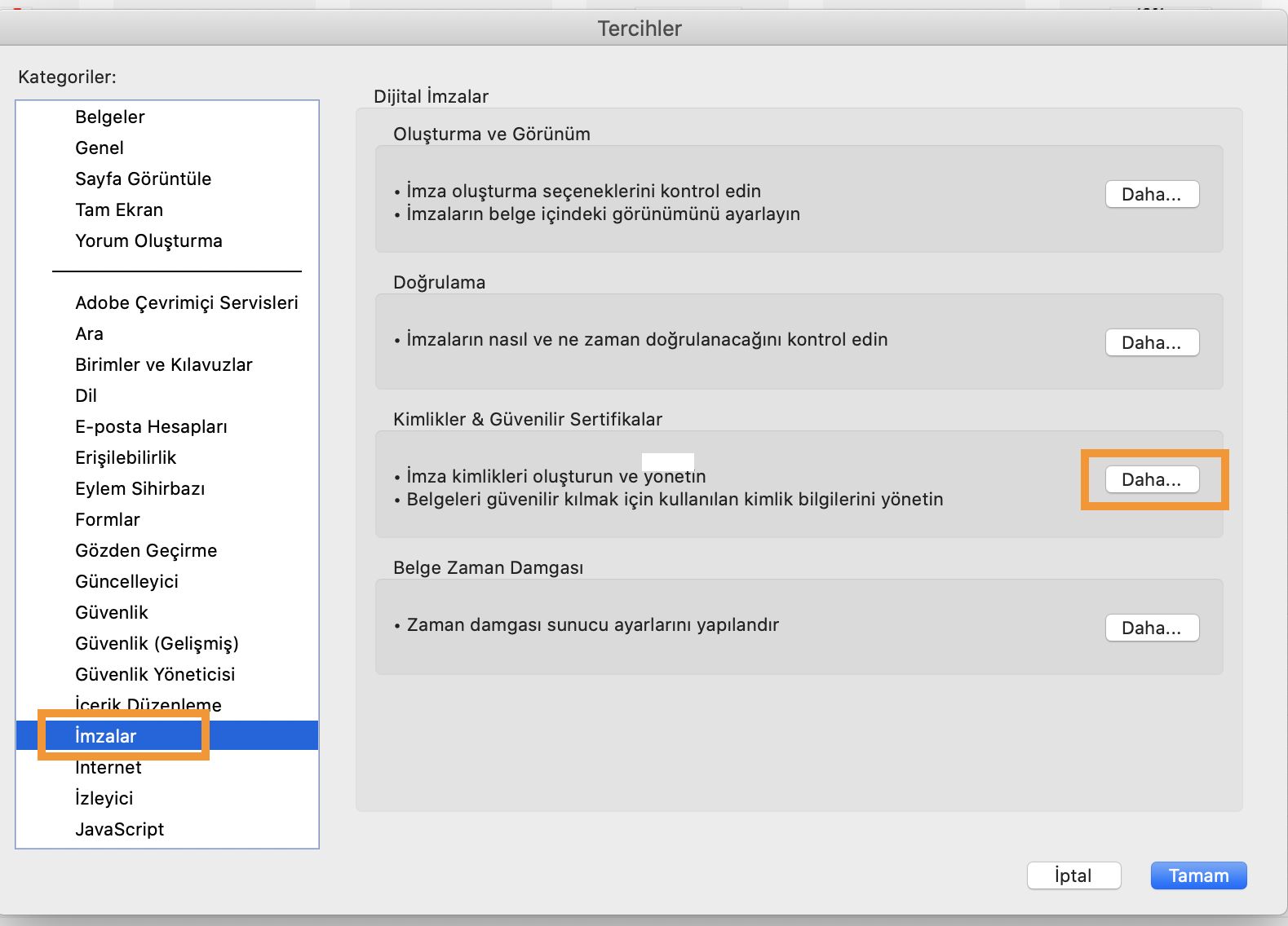 Kimlikler ve Güvenilir konum bölümünde Daha Fazla'yı tıklatın