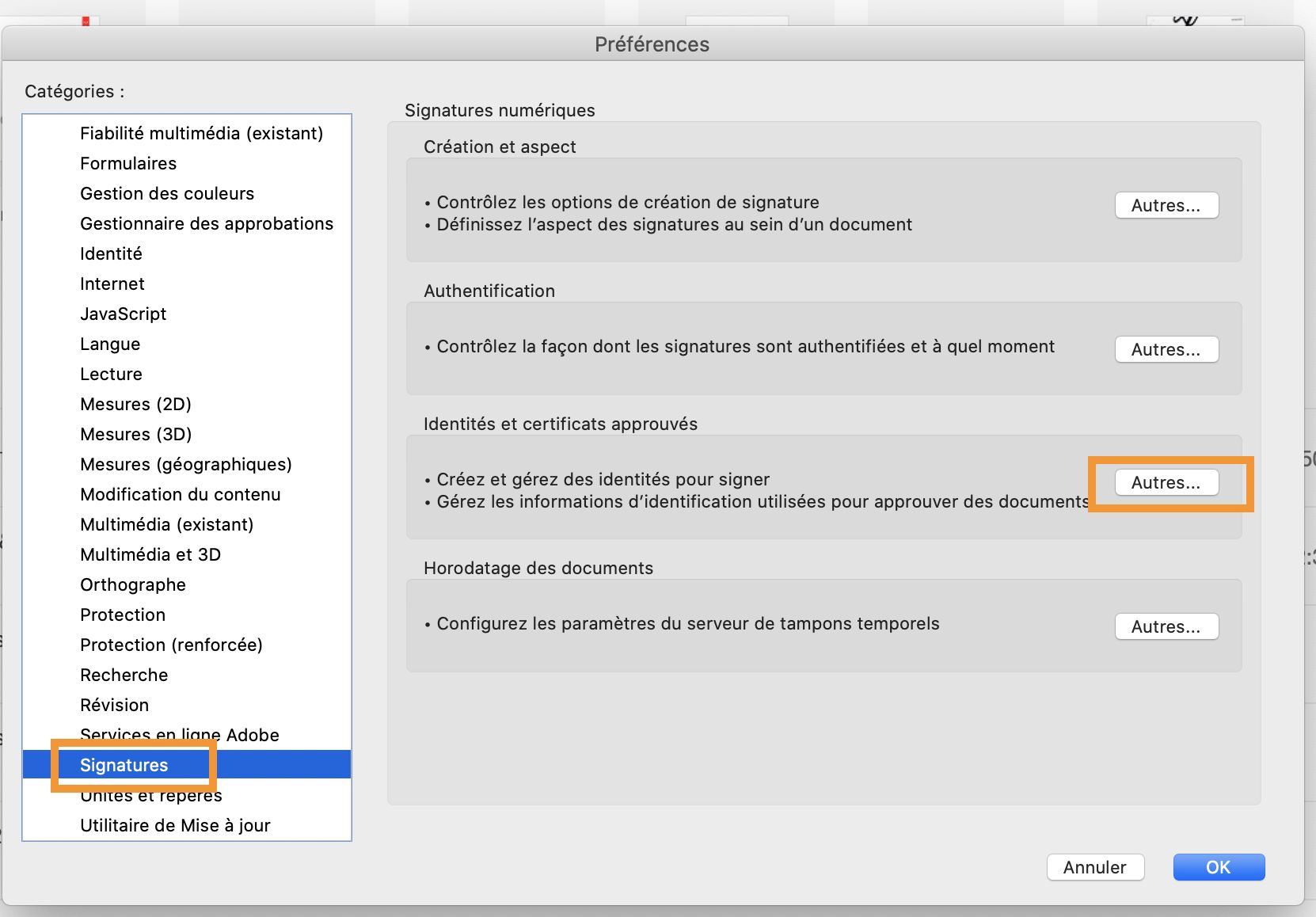 Cliquer sur Autres dans la section Identités et certificat approuvés
