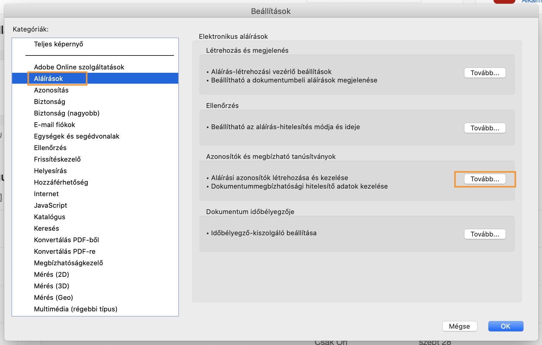 Az Azonosítók és megbízható helyek részben kattintson a Továbbiak lehetőségre