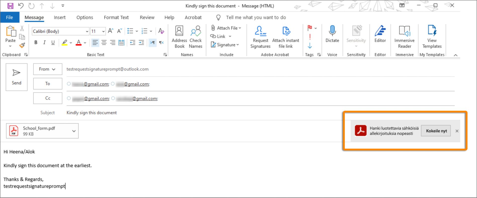 Allekirjoita-kehote sähköpostia lähetettäessä
