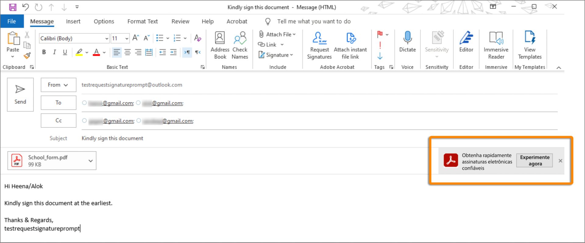 Prompt para assinar ao enviar email