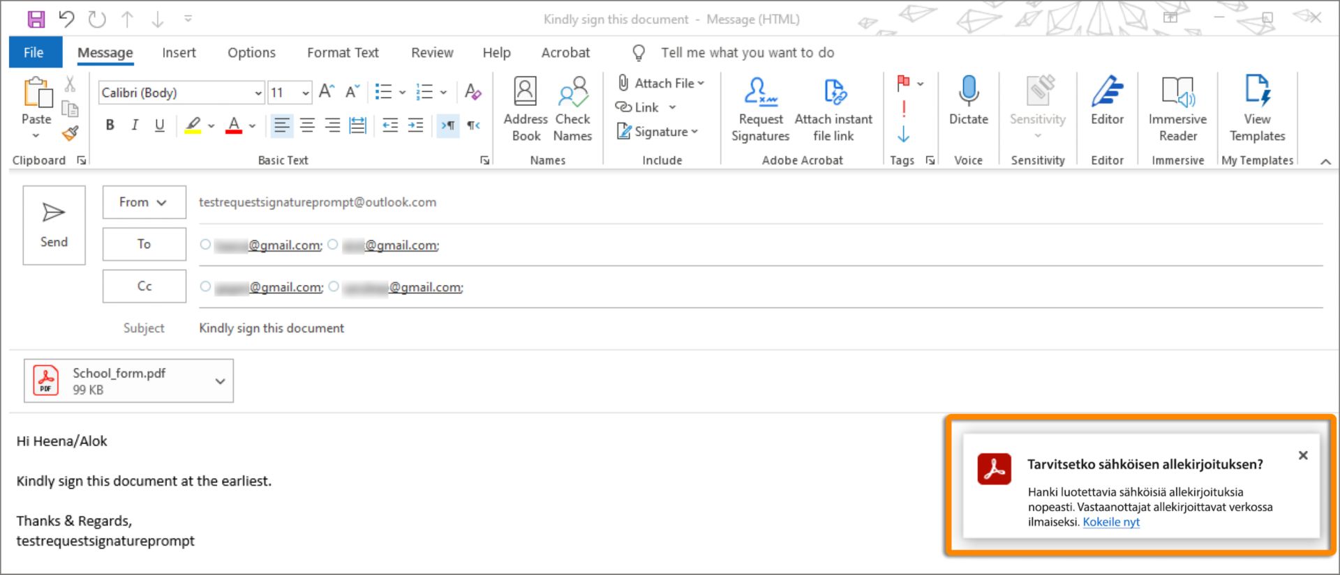 Allekirjoita-kehote sähköpostia lähetettäessä