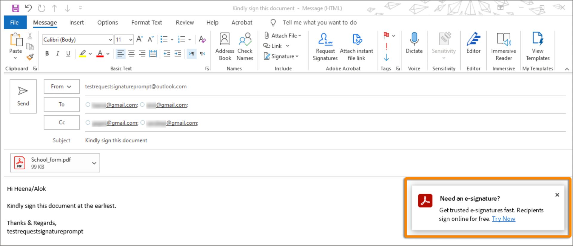 Invite de signature lors de l’envoi de l’e-mail