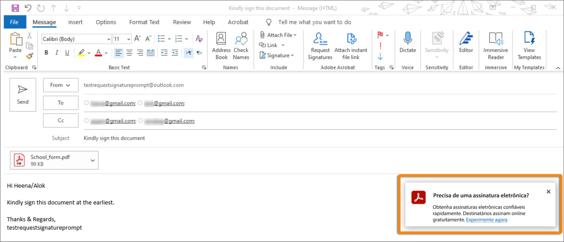 Prompt para assinar ao enviar email