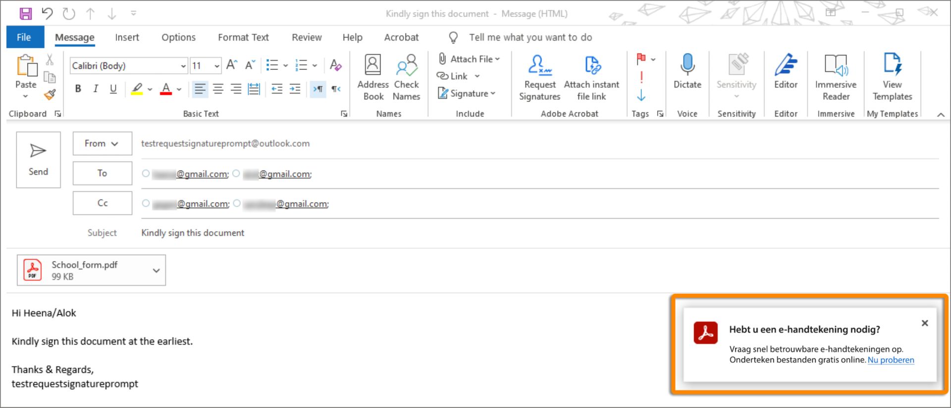 Verzoek om te ondertekenen bij het verzenden van e-mail