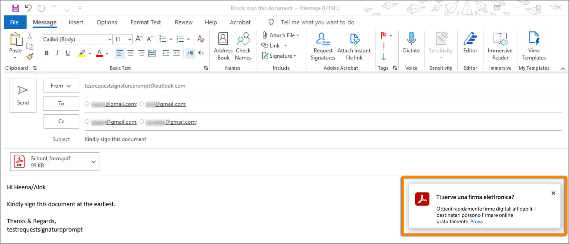 Richiesta di firma durante l’invio dell’e-mail