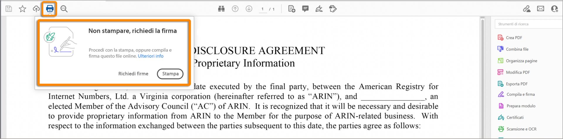 Invito a utilizzare Richiedi firme invece di stampare