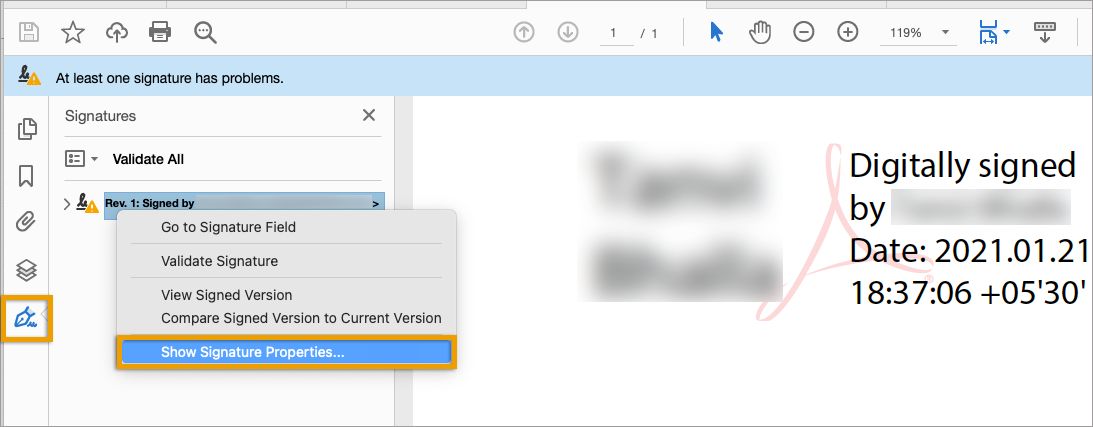 خصائص التوقيع