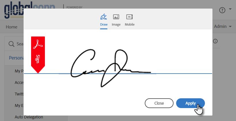 La vista del panel Firmas con la opción Arrastrar resaltada