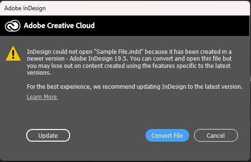 התראת Adobe InDesign מציעה לעדכן או להמיר קובץ שנוצר בגרסה חדשה יותר לצורך תאימות.