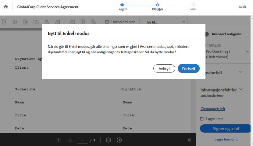 Advarsel om enkel modus