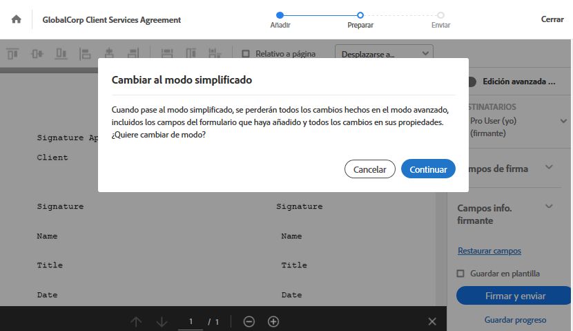 Advertencia del modo sencillo