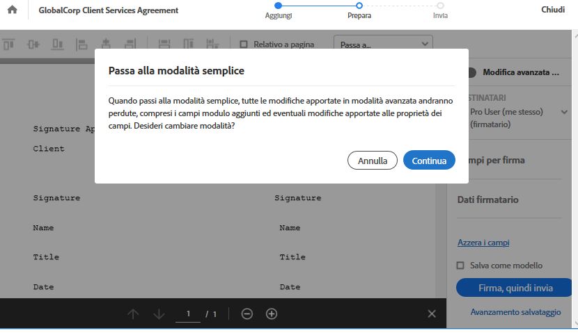Avvertenza per la modalità semplice