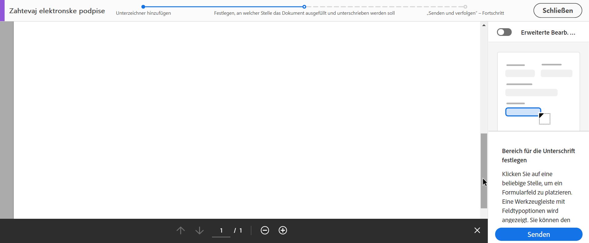 Festlegen, an welcher Stelle das Dokument ausgefüllt und unterschrieben werden soll