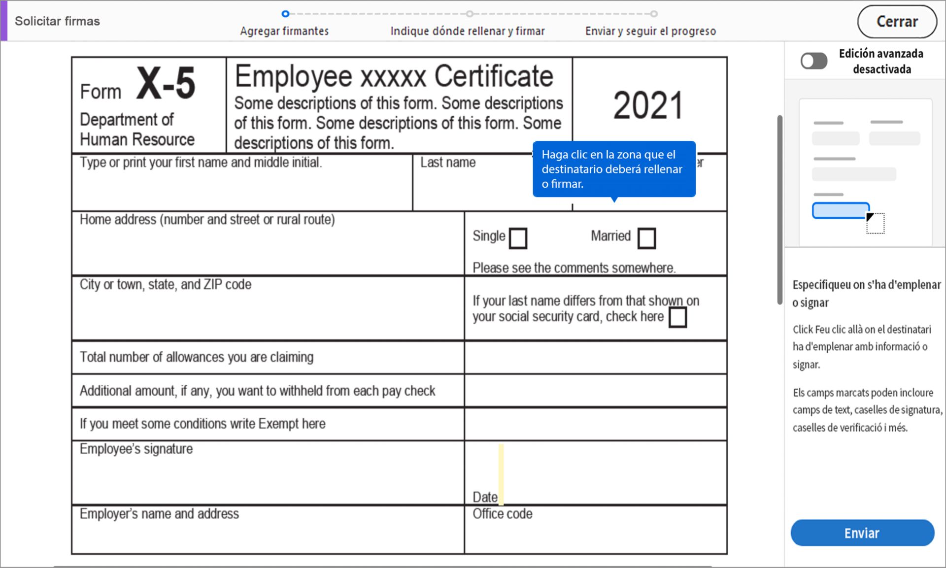 Indique dónde rellenar y firmar