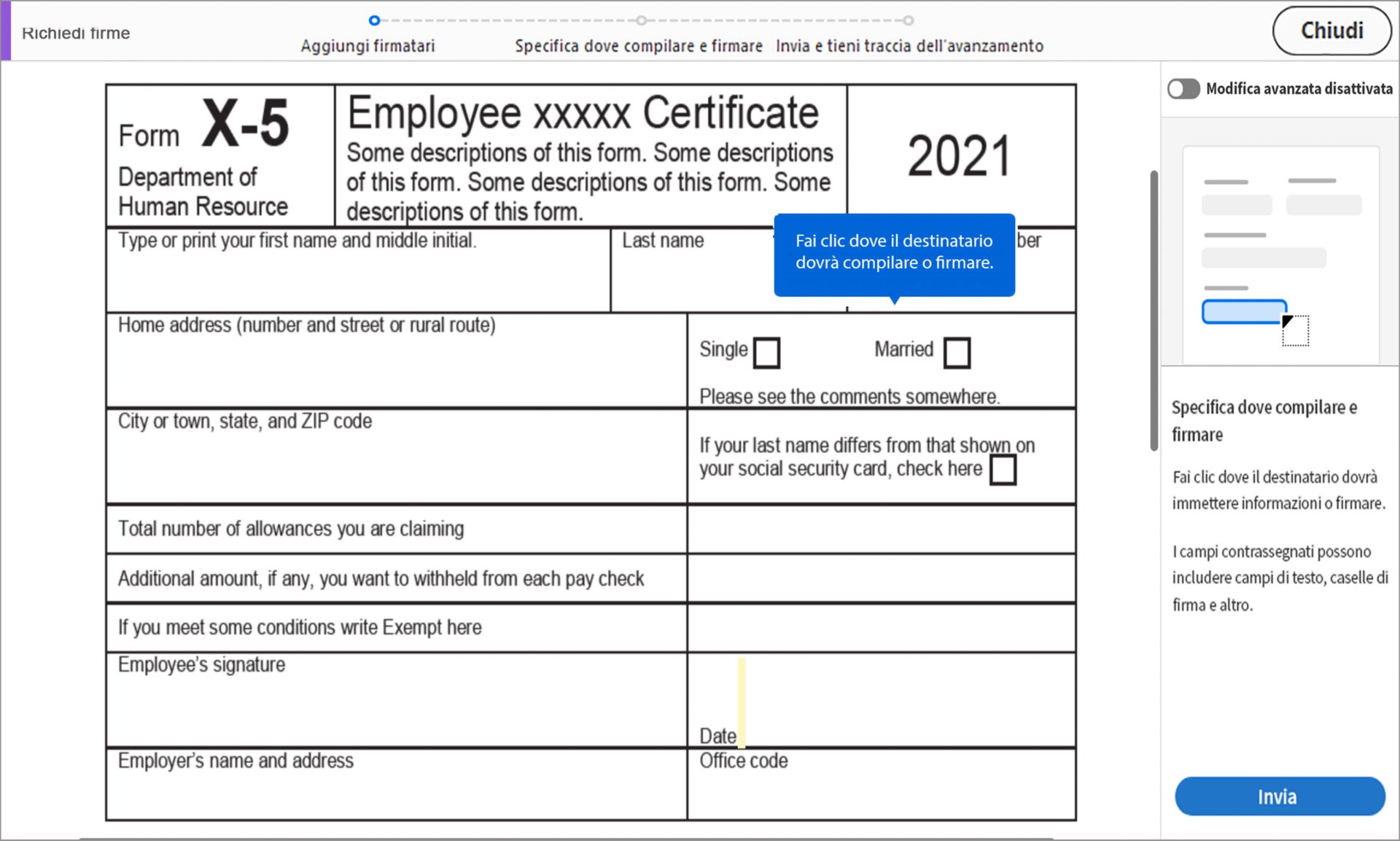 Specifica dove compilare e firmare