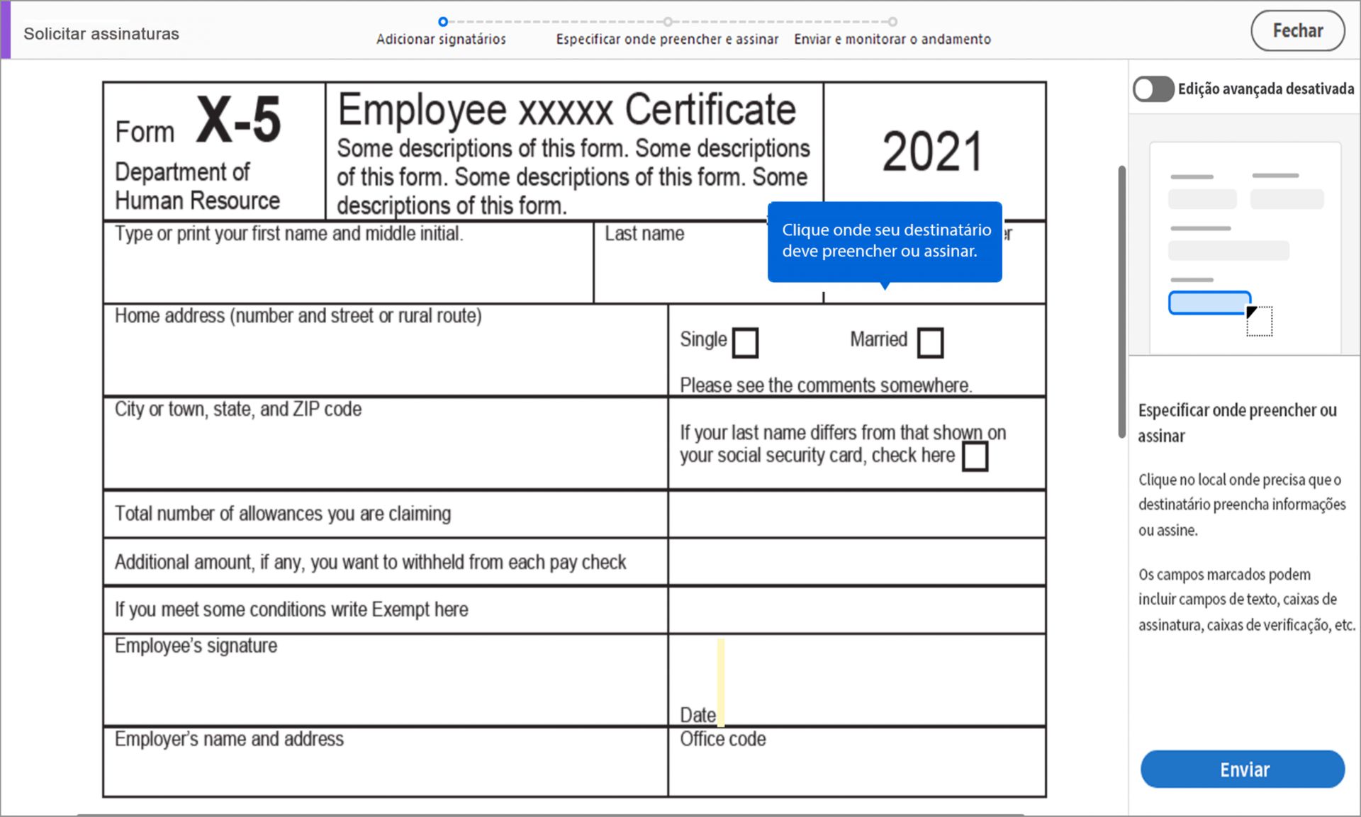 Especificar onde preencher e assinar