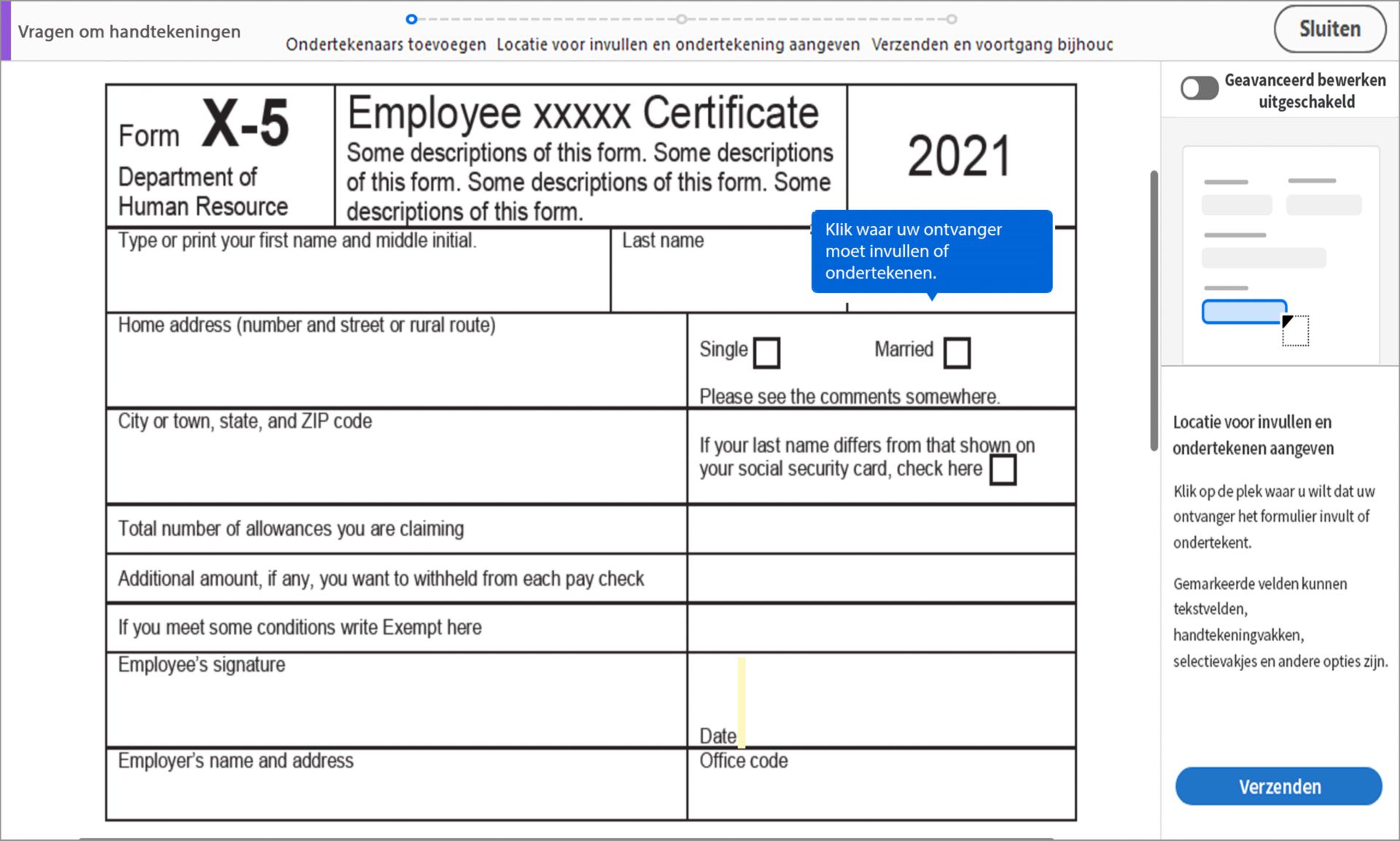 Locatie voor invullen en ondertekening aangeven