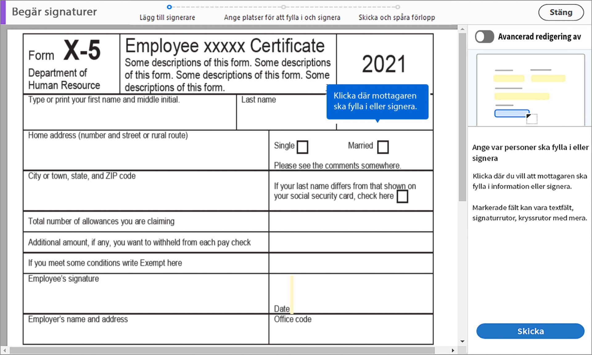 Ange platser för att fylla i och signera